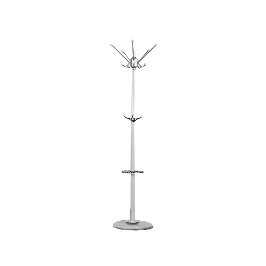 Mid-Century Modern White Floor Coat Rack, 1990s: This elegant floor hanger was manufactured during the second half of the 20th century. It is made of high quality wood finished in white and chrome elements. It has a rotating crown with 10 hangers