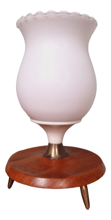Scandinavian Tripoid Table Lamp, 1960s: Scandinavian tripod lamp from the 60s with a white opaline glass bobbèche and a teak and brass foot.The electric sheet has been replaced, it is composed with an E14 LED bulb. It is in superb