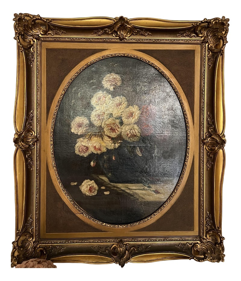 Late 19th Century, Oil on Canvas, Framed: This painting is a superb 19th-century oil on canvas depicting a bouquet of peonies. The artist has skilfully captured the beauty and delicacy of these iconic flowers, creating a visually arresting wo