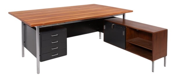 Desk by Herbert Hirche for Holzäpfel, 1950s: Large executive desk with sideboard from the DHS series by German designer Herbert Hirche for Holzäpfel, 1957. Frame made of chrome-plated steel with gray painted drawers, spectacular veneer