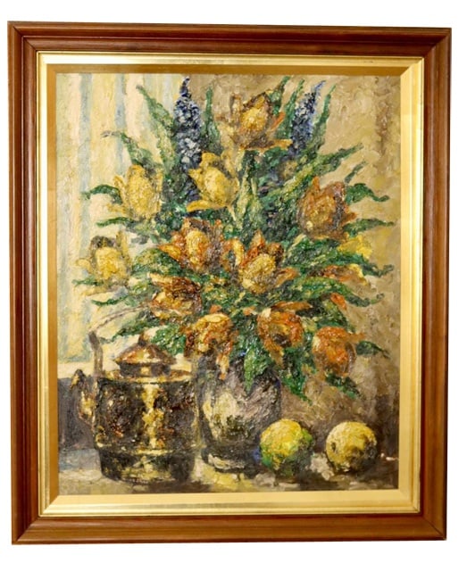 Lars Draabyek, Floral Still Life, 1950s, Oil: An exquisite oil painting on canvas by Danish artist Lars Draabye (born 1923), featuring a captivating flower still life. This timeless work of art, with framed dimensions of 75x63 cmUnsigned, good