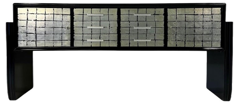 Leaf Sideboard in Black and Silver, 1950s: This precious sideboard was produced in Italy in the 1950s.The structure is black lacquered while the the drawers and the doors are covered with a particular technique in silver leaf.The handles are