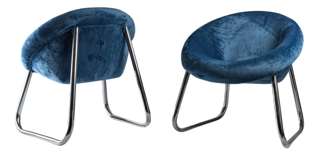Chromed Metal and Blue Velvet Armchairs, Set of 2 (1 of 14)