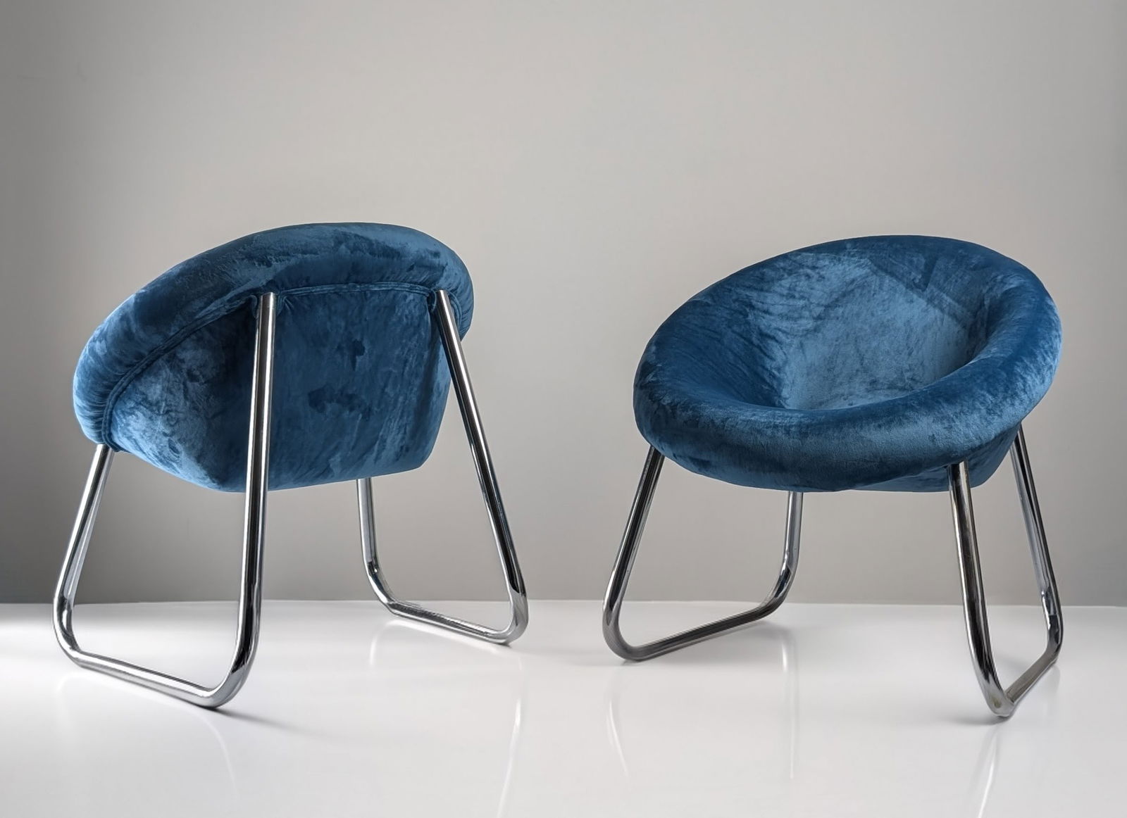 Chromed Metal and Blue Velvet Armchairs, Set of 2 - 2