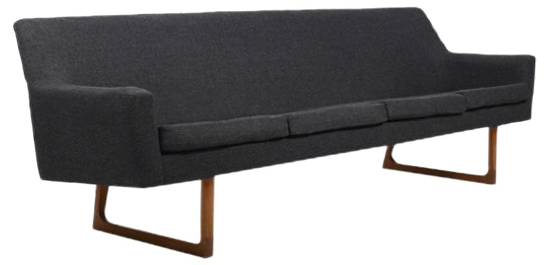 Large Mid-Century Danish Sofa with Teak Sled Legs: Mid century Danish four seater sofa with teak sled legs. Original dark grey fabric. Produced and designed late 1950s. The sofa needs a new upholstery. Country of Manufacture: Denmark Design Period: