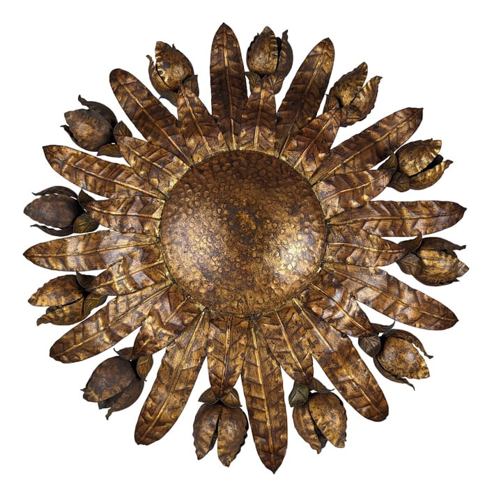Large Gilt Floral Sun Lamp, 1950s: Spectacular completely original mid-century ceiling lamp in the shape of a sun with leaves and 12 flowers that are both points of light. An incredible size and a unique design never seen before for