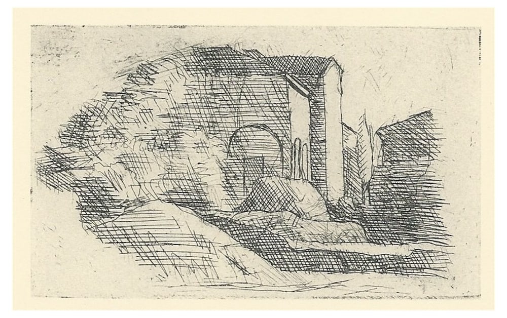 Morandi, House with Porch and Cypress, 1957, Paper: Giorgio Morandi (1890-1964)"La Casetta con il Portico e il Cipresso - Lastra Piccola" (Little House with Porch and Cypress - Small Plate)Lithograph on paperYear (conceived): 1923Year (printed):