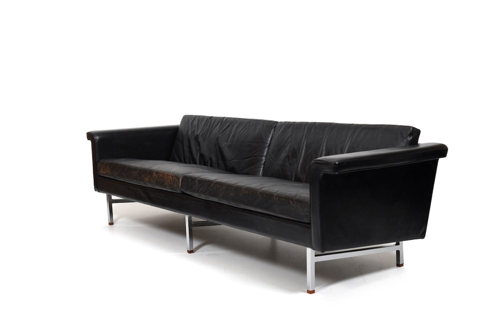 Large Danish Leather, Chrome and Teak Sofa, 1965 - 2