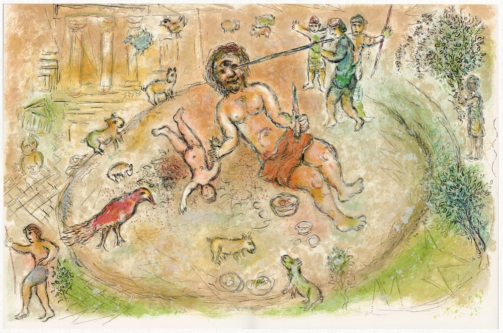 Marc Chagall, Polyphemus from Odyssey, 1989, Paper: Marc Chagall (after)Polyphème(Polyphemus)from "Odyssey"colour lithograph on paperpublisher: Daco Verlag, Stuttgartyear: 1989size: 377 x 577 mmedition number: 288Excellent Condition: complete