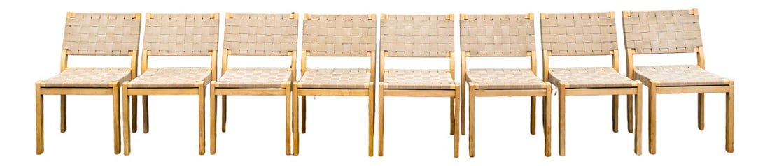 Dining Chairs by Alvar Aalto for Artek, Set of 8: Chairs with curved birch wood structure, seat and back in linen.Model 661Designer Alvar AaltoArtek production70s49x49x79 cm Country of Manufacture: Finland Design Period: 1920 to 1949 Detailed