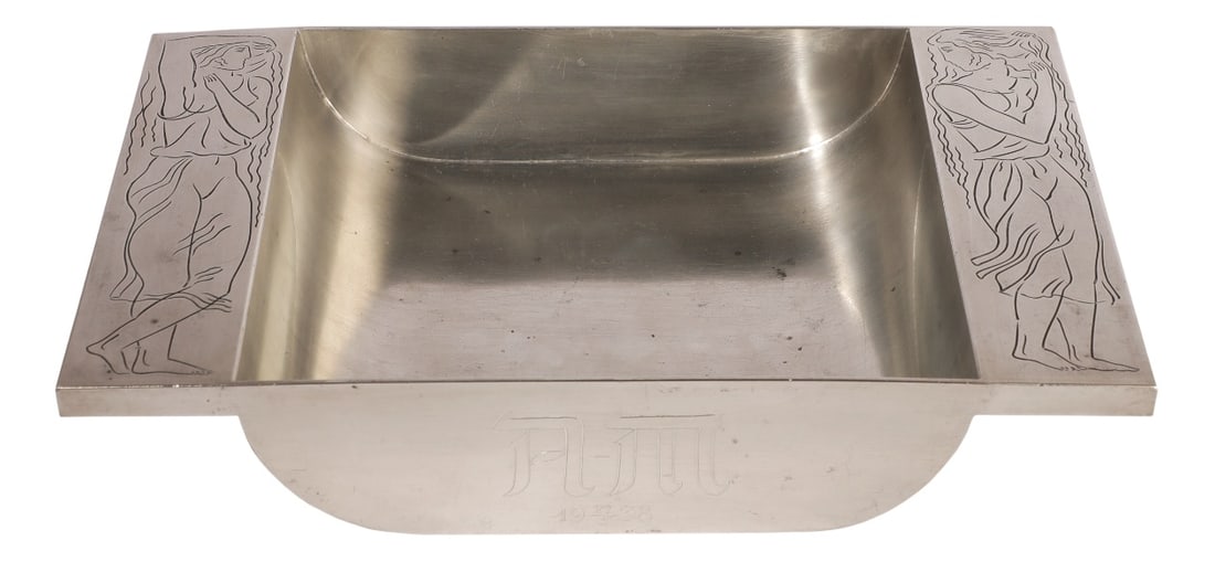 Pewter Athena Tray by Oscar Antonsson, 1937: Manufactured for Ystad MetallMotif of sides shows two greek women Country of Manufacture: Sweden Design Period: 1920 to 1949 Restoration and Damage Details: Light wear consistent with age and use