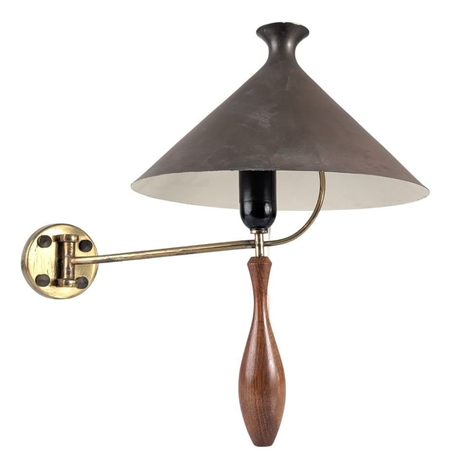 Brass and Wood Wall Sconce with Black Shade, 1950s (1 of 10)