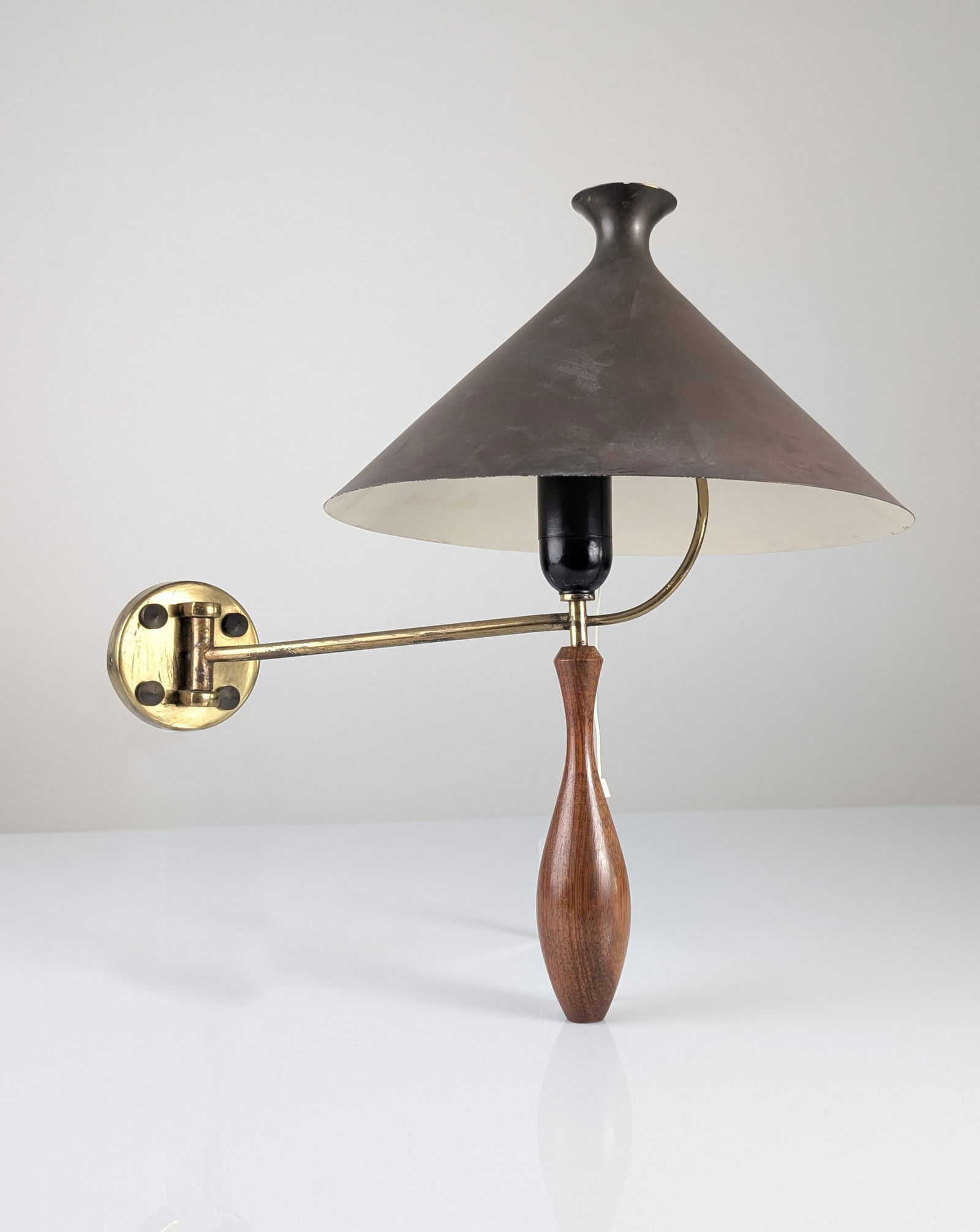 Brass and Wood Wall Sconce with Black Shade, 1950s - 2