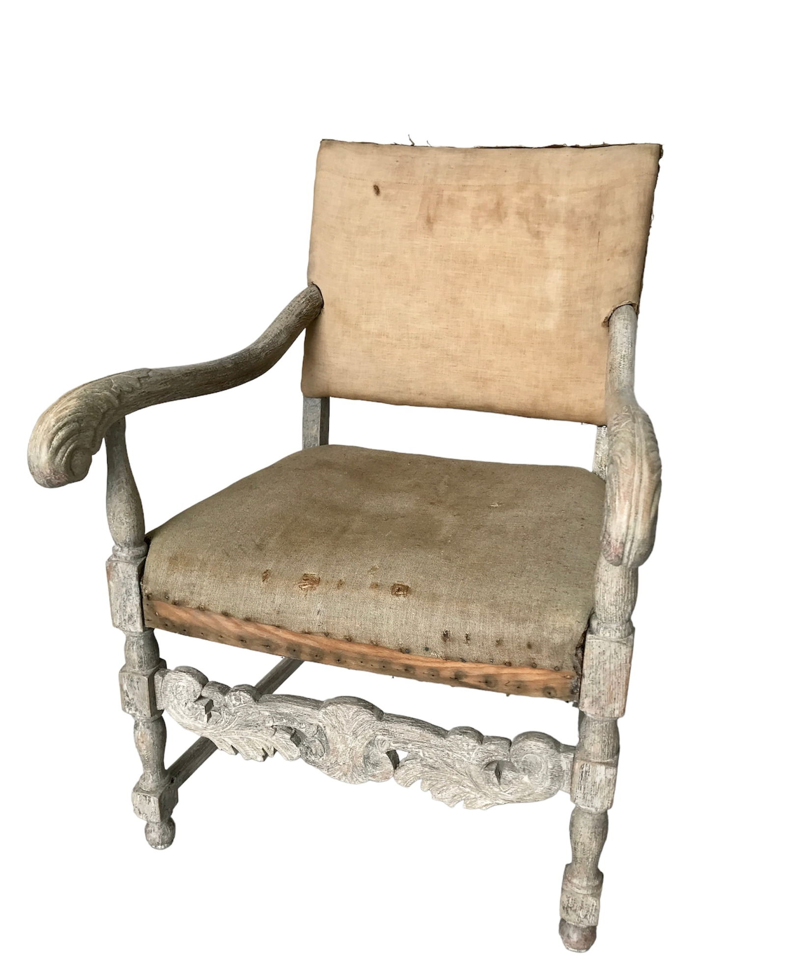 Antique Baroque Armchair in White: Beautiful, baroque armchair with carvings on the handrails was produced the second half of the 19th century. The lower part of the furniture has unique wooden decorations. The seat comes from