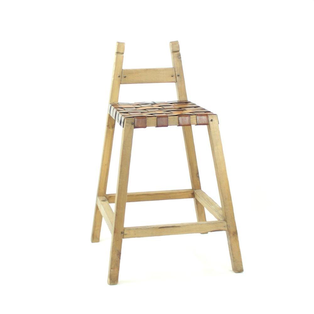 Large Wood & Leather Bar Stools, 1950s, Set of 3 - 11