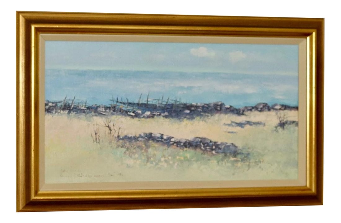Jim Ronald Lindholm, Beach in Gårdby Parish, 1950s: Serene Coastal Scene: Beach in Gårdby Parish, Östra ÖlandThis evocative oil painting by Jim Ronald Lindholm beautifully portrays the tranquil charm of a beach in Gårdby Parish,