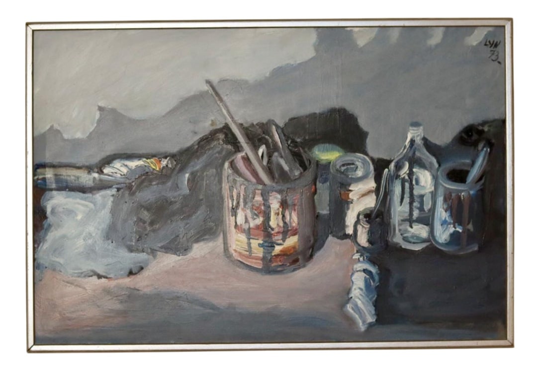 Nilsson, Still Life with Paint Pots, 1950s, Oil: Swedish Mid-Century Oil On Canvas Painting "Still Life Paint Pots" by Lars Yngve Nilsson--Vintage & FramedApprox Dimensions: 63 x 95cmsGood vintage condition Kindly be aware that all items in our