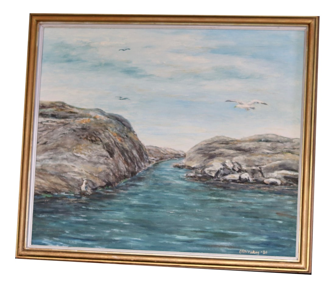 E Alveskog, Swedish Seascape, 1960s, Oil on Panel: Swedish Mid-Century Oil on Panel" Seascape" by E AlveskogCaptivating "seascape," a stunning oil painting by Swedish artist Alveskog, signed.Measuring Approx. H44xW44 cm.Condition, Both painting and