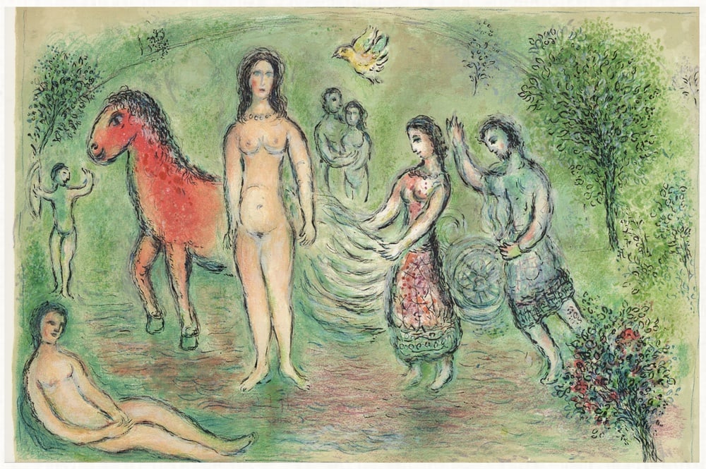 M. Chagall, Ulysses before Nausicaa from Odyssey: Marc Chagall (after)Ulysse devant Nausicaa(Ulysses before Nausicaa)from "Odyssey"colour lithograph on paperpublisher: Daco Verlag, Stuttgartyear: 1989size: 377 x 577 mmedition number: 288Excellent