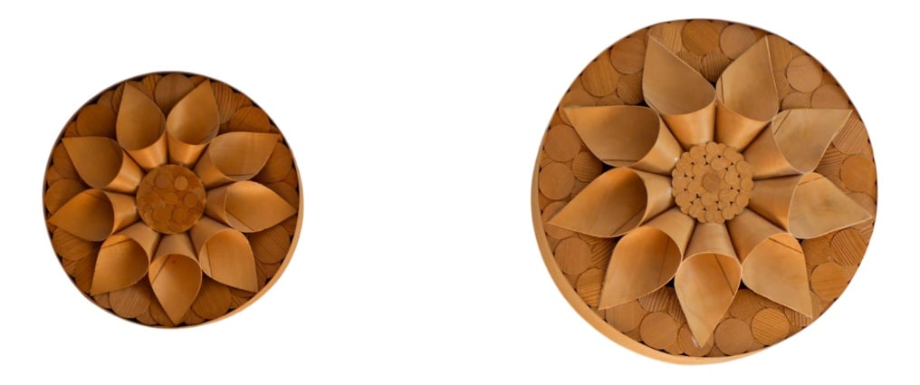 Swedish Handmade Wooden Sconces, Set of 2: Pair of 1970s Scandinavian Wood-Shaving SconcesA rare and beautifully handcrafted matching pair of sconces made from delicate, thin wood shavings. Created in Sweden during the 1970s by a