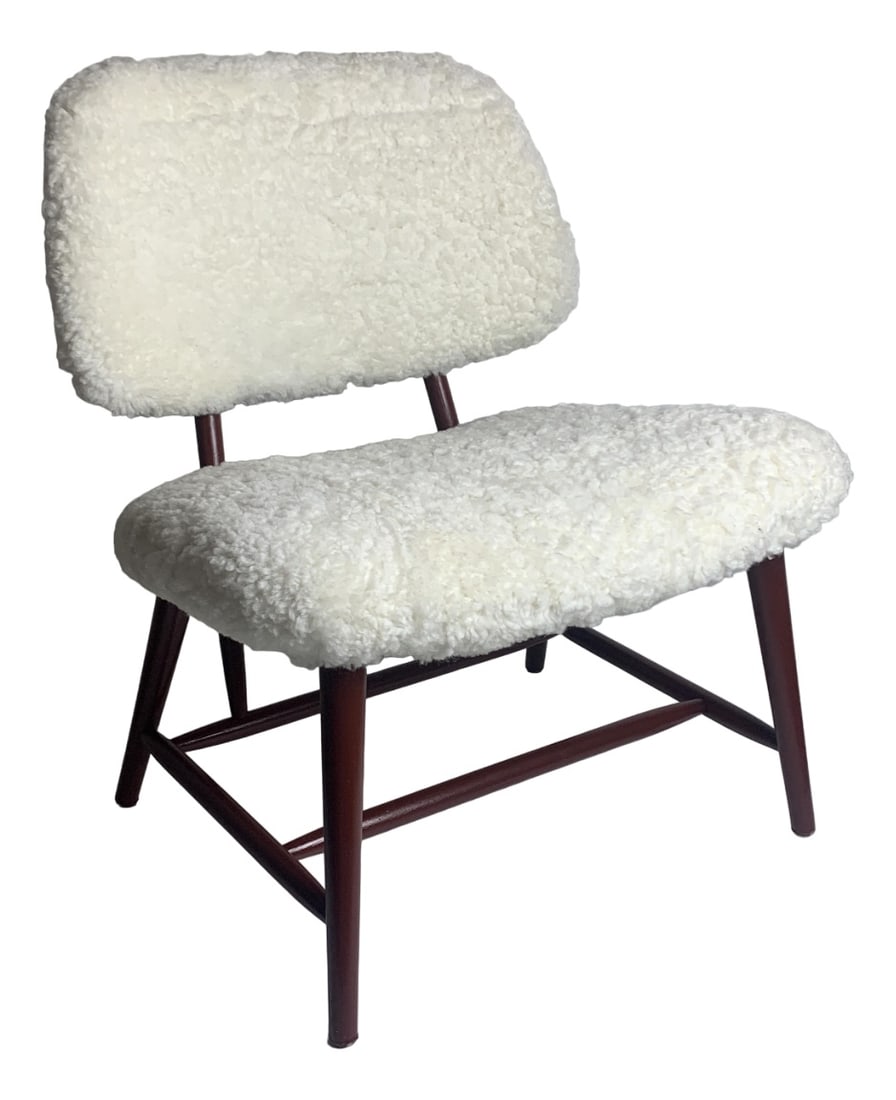 Model Teve Lounge Chair by Alf Svensson, 1950s: A lovely Swedish lounge or easy chair for Bra Bohag, Studio, Ljungs Industrier AB Malmö, mid 20th century by Alf Svensson. As can be seen this chair has been reupholstered in sheepskin, the