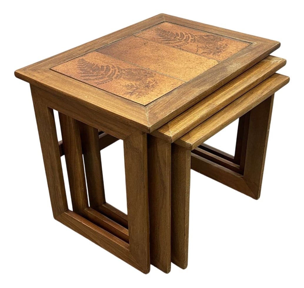 Teak & Tiled Top Nesting Tables, 1970s, Set of 3 (1 of 7)