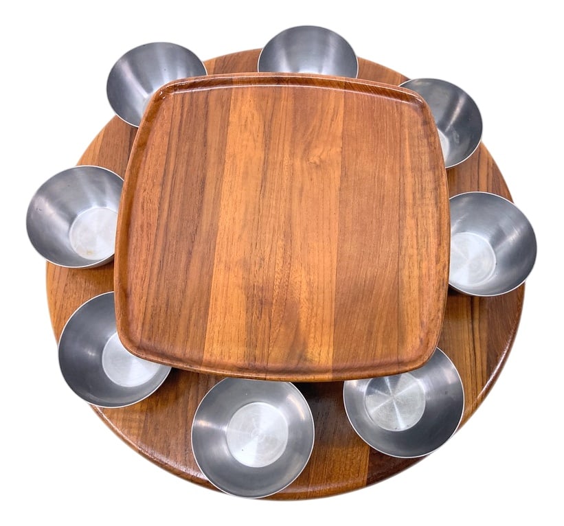 Double Decker Turntable by Digsmed, Set of 9: Danish 2 double-decker turntable with 8 removable plates that are fixed with magnets.Teak, solid, stainless steel, magnets.Good used condition. Light wear.14x43cm, Country of Manufacture: Denmark