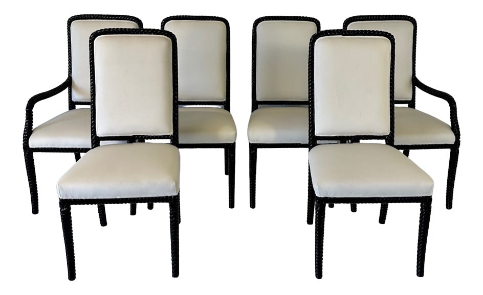 Cream Velvet and Black Lacquered Chairs, Set of 6 (1 of 18)