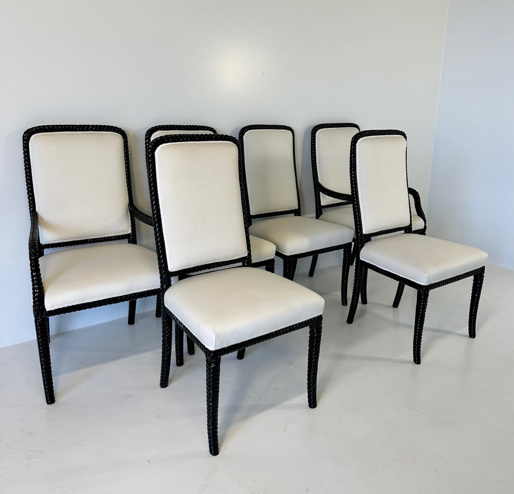 Cream Velvet and Black Lacquered Chairs, Set of 6 - 2