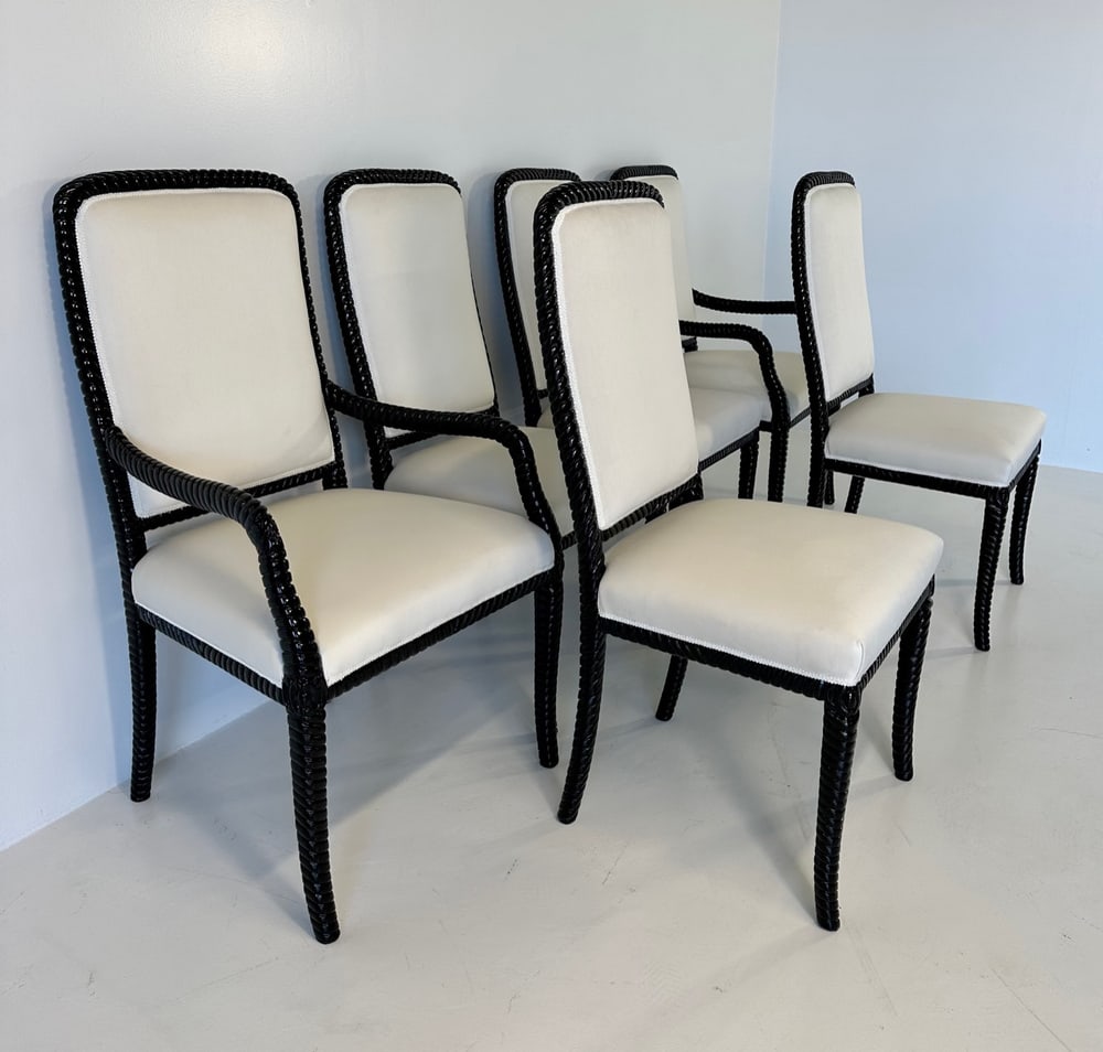 Cream Velvet and Black Lacquered Chairs, Set of 6 - 3