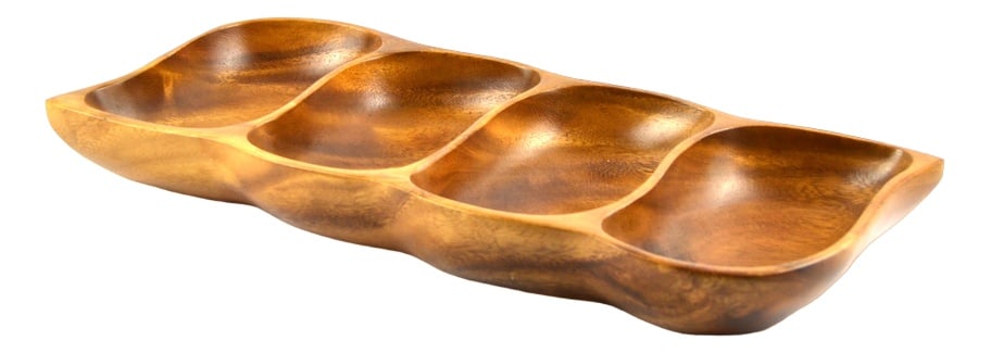 Mid-20th Century Split Snack Bowl, 1970s: This is a vintage-style bowl from the mid-1960s and early 1970s Scandinavian style, with teak dividers, completely safe for serving dry snacks or wrapped candy, and at the same time stylish and