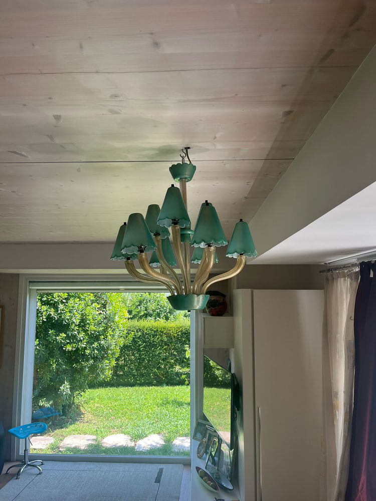 Murano Chandelier with Green Gold Leaf 24K, 1960s - 13