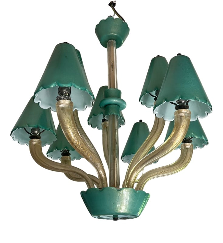 Murano Chandelier with Green Gold Leaf 24K, 1960s: Jump back to Venice in the 60s and you find a fantastic chandelier made by a man who was holding artistry and character. this chandelier has been made in a fantastic green color very popular in the