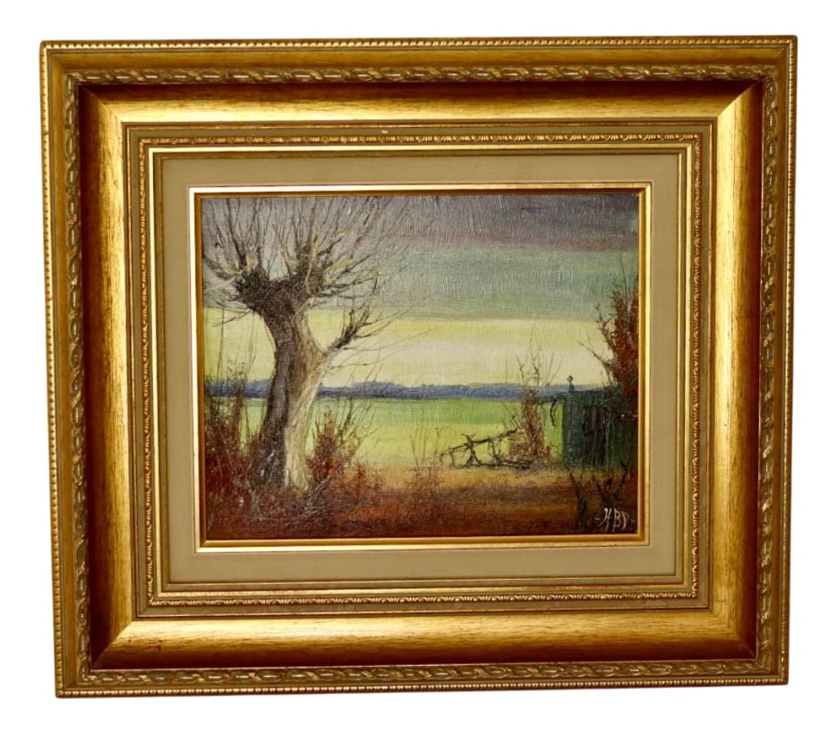 Harry Petersen, Nature, 1950s, Oil, Framed: This oil on canvas piece, monogrammed "HBP", exemplifies his signature style, combining a strong sense of nature's tranquility with his distinct artistic technique. The landscape is rendered with a