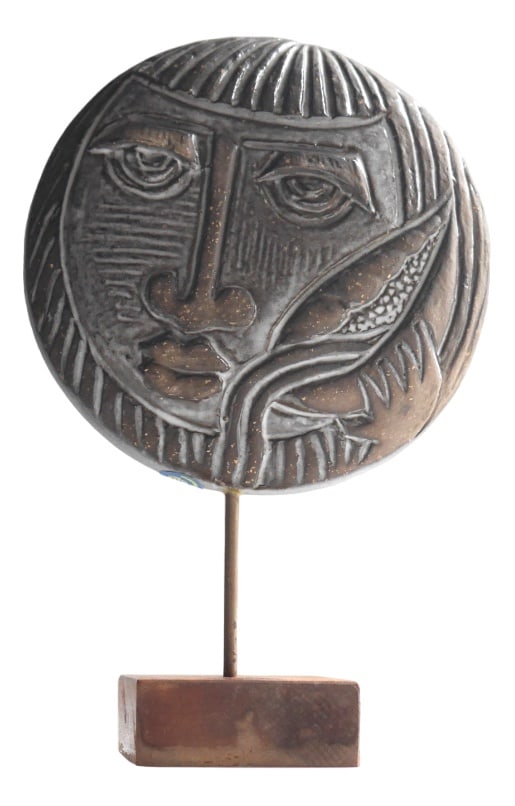 The Zodiac Statue by Bergsten for Upsala Ekeby: A rare and very special statue known as "The Zodiac" by Lars Bergsten for Upsala Ekeby, Sweden, 1960s. This is a very unusual piece depicting a mans face in an abstract or graphic way, mounted on a pi