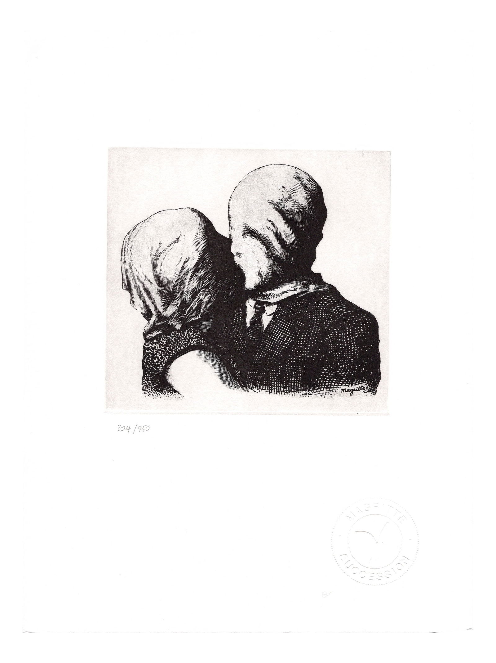 René Magritte, Les Amants The Lovers, 2003, Paper: René Magritte (1898 - 1967)Les Amants (The Lovers)Original Etching on "Velin de Rives"Invented in 1928Printed in 2003Sheet size: 280 x 210 mmImage size: 121 x 130 mmPlate signed lower