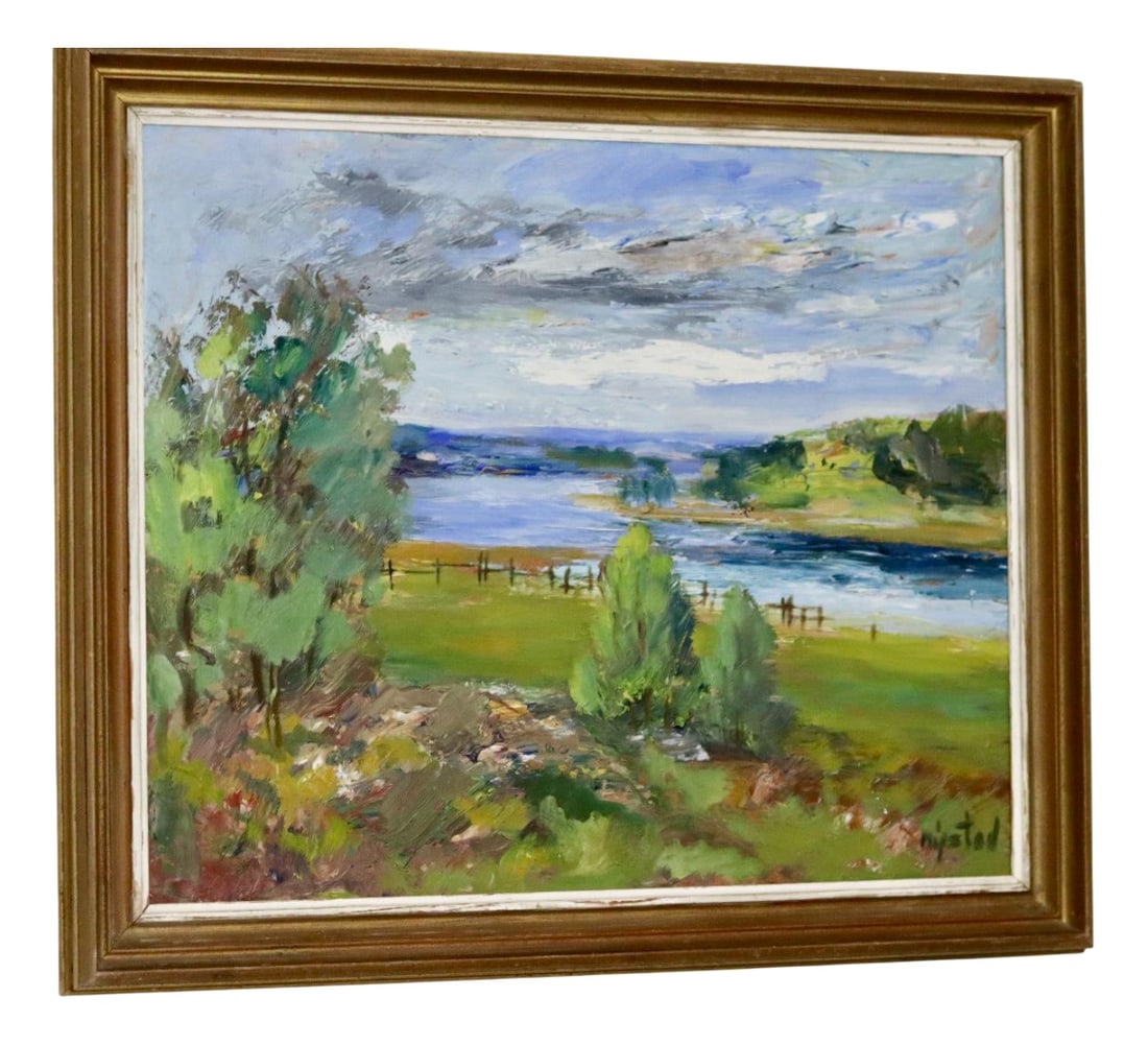 Nystad, Realistic Landscape, 1950s, Oil, Framed: Realistic oil painting on panel featuring a serene landscape with water and trees. Dimensions: 61 x 71 cm.Signed NystadVintage Condition with wear on the frame.Kindly be aware that all items in our
