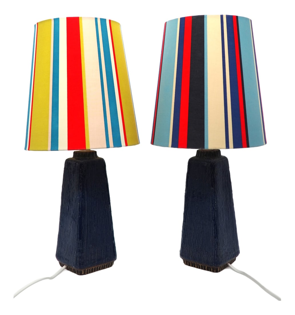 Pair of Table Lamps for Fischer Stengods, 1970s: A pair of beautiful lamps in blue ceramic from Fischer Stoneware. The texture of the glaze makes them extra vibrant. Country of Manufacture: Sweden Design Period: 1970 to 1979 Production Period: 1970