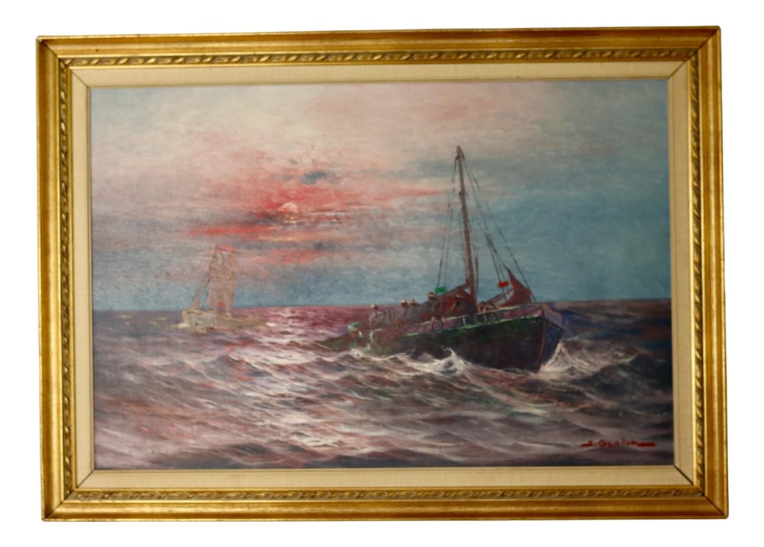 Andersson, Sailing at Sunset, 1950s, Oil, Framed: Title: Sailing at SunsetA captivating seascape featuring a sailing boat cutting through choppy waves at sunset. The warm, vibrant hues of the sky blend into shades of pink and orange, reflecting off