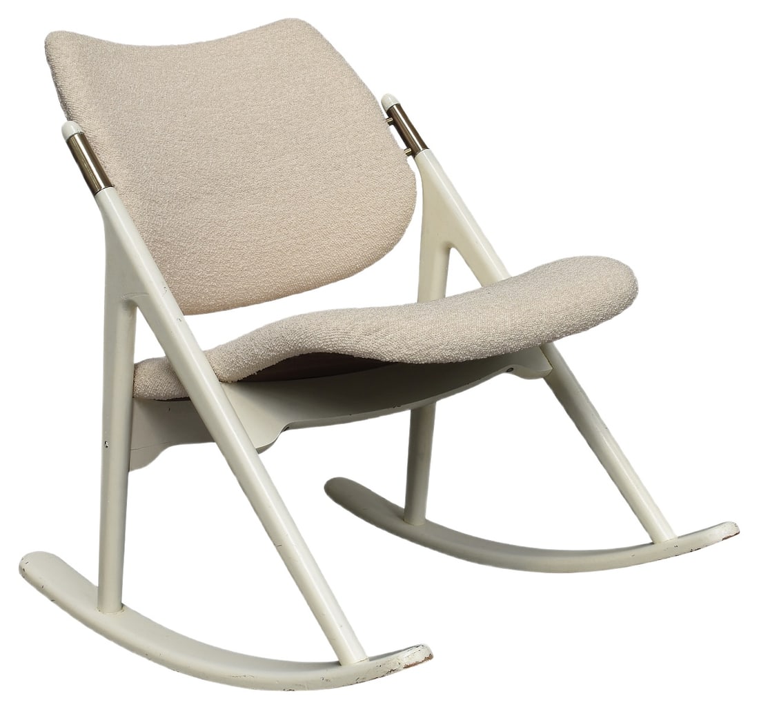 Rocking Chair by Haug for E. M. OG Trevarefabrikk: Designer: Olav HaugManufacturer: Eleverum Møbel OG TrevarefabrikkCountry: NorwayModel: Rocking chair (Gyngestol) nr. 46 FabianMaterial: Off-white lacquered Mahogony wood / Brass / Wool
