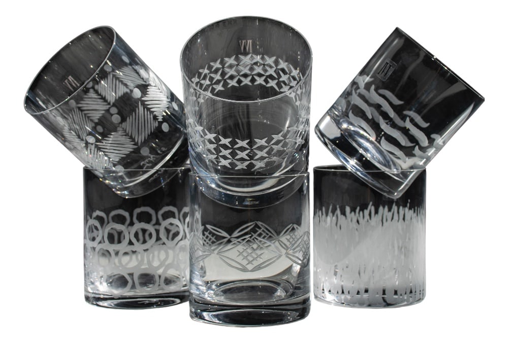 Whiskey Glasses for Ribes Studio Verres, Set of 6: Beautiful Venetian crystal glasses, cut by Venetian master glassmakers designed by Maryana Iskra in 2004. The crystal is pure and of unsurpassed quality. Ideal for enjoying a whiskey with friends. Cou