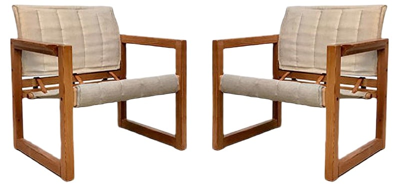 Set of Diana Safari Chairs by Karin Mobring: This rare set of two 'Diana' safari chairs was designed by Karin Mobring for IKEA in Sweden during the early 1970s. This pair is from the early series production. It is in very good original