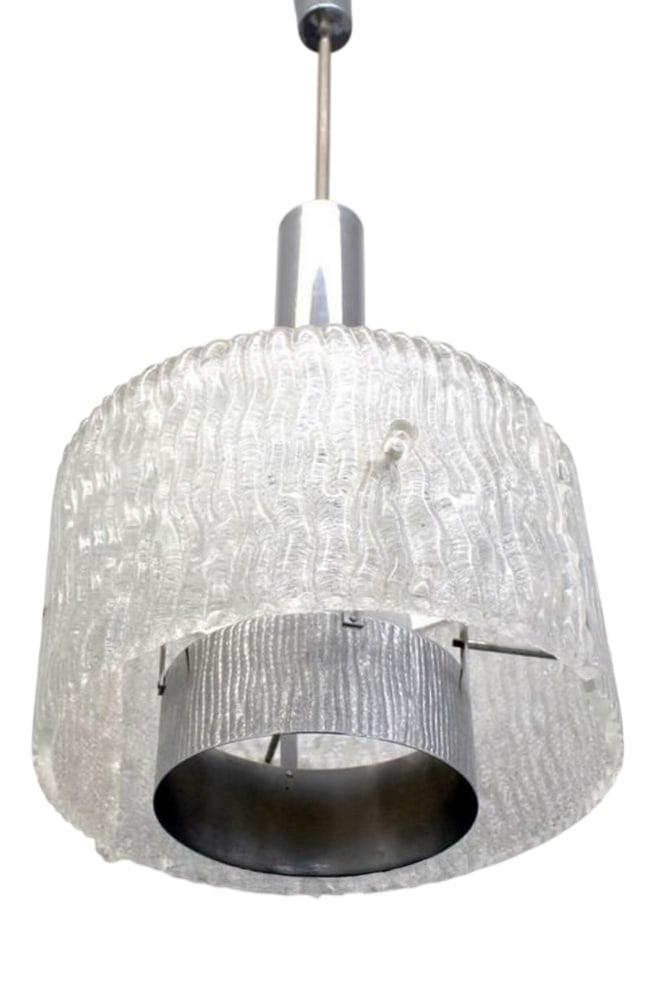 Art Deco Murano Glass Pendant Light from Kalmar: Mid-Century Modern Art Deco Style Murano Glass Pendant Light from Kalmar, 1980sA superb work of Ambiental Art, produced in the prestigious Kalmar workshops, crafted out of chromed metal alloy, elegant