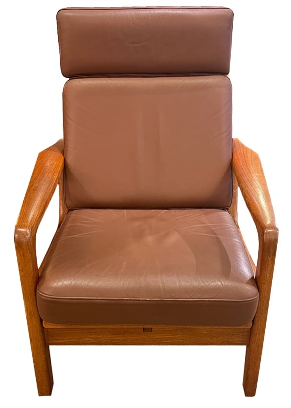 Armchair by Jens-Juul Christensen for JK, 1960s: This Relax lounge chair is a rare Mid Century Modern Danish design classic. These pieces are usually only offered with a fabric cover and are rarely brought onto the market as a complete set. In