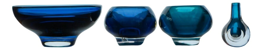 Sommerso Glass by Mona Morales, 1960s, Set of 4: Collection of Four Blue Sommerso Glass Objects by Mona Morales-Schildt, Kosta, 1960sA rare and striking collection of four Sommerso crystal glass objects by the celebrated Swedish designer Mona