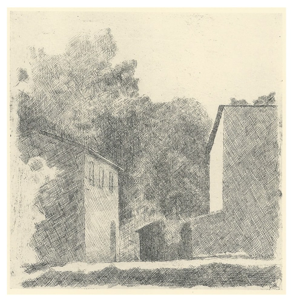 G. Morandi, Landscape of Chiesanuova, 1957, Paper: Giorgio Morandi (1890-1964)"Paesaggio - Chiesanuova" (Landscape - Chiesanuova)Lithograph on paperYear (conceived): 1924Year (printed): 1957Size of the sheet: 392 x 287 mmSize of the image: 158 x 155