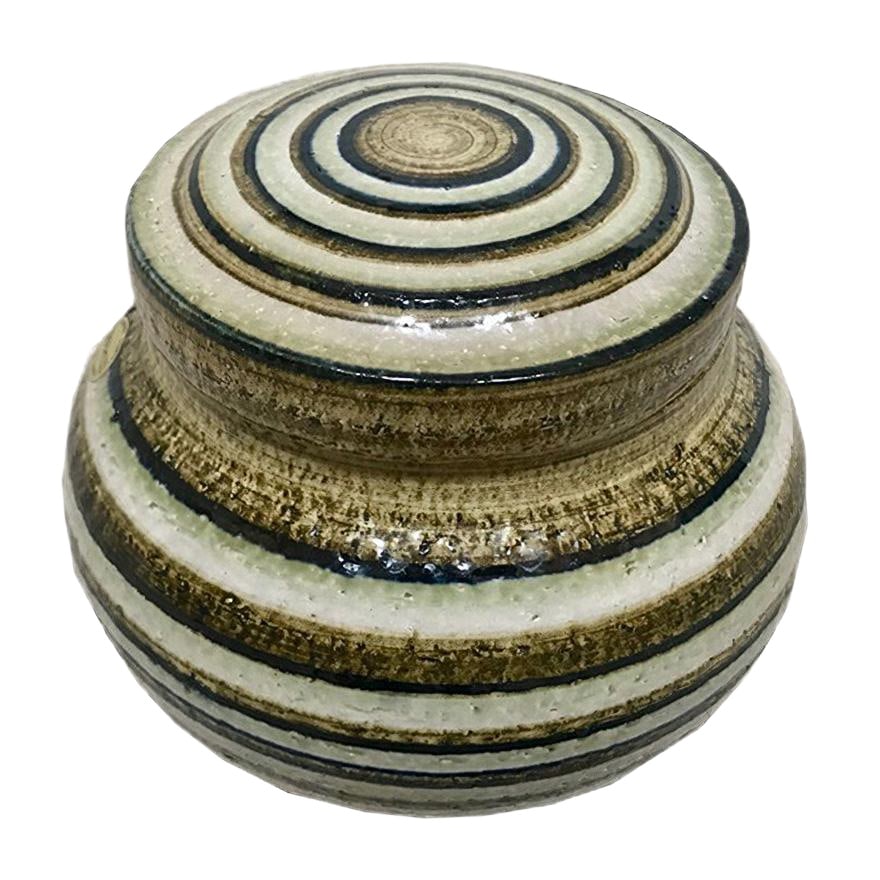 Ceramic Art Pot with Lid from Søholm Stoneware, 1960s: This fine ceramic bowl with lid was hand-crafted at the Søholm Stentoj workshop on the Danish island of Bornholm during the 1960s. It is marked with the workshop stamp and is also signed by an