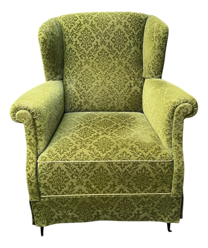 Vintage Danish Green Velvet Relax Chair, 1950s: Very comfortable and stylish Danish mid-century wing chair. The shape of the armchair is comparable to the well-known Finnish designs by Ilmari Lappalainen.The workmanship is of very high quality and