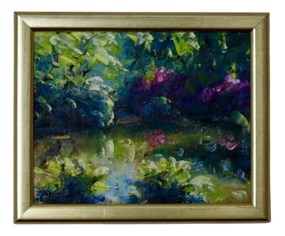 Conny Nyström, Lake, 1950s, Oil on Canvas, Framed: Swedish Mid-Century Oil On Canvas Painting "Lake" by Conny Nyström --Vintage & FramedConny Nyström uses vibrant shades of green, blue, and purple, with dappled sunlight filtering