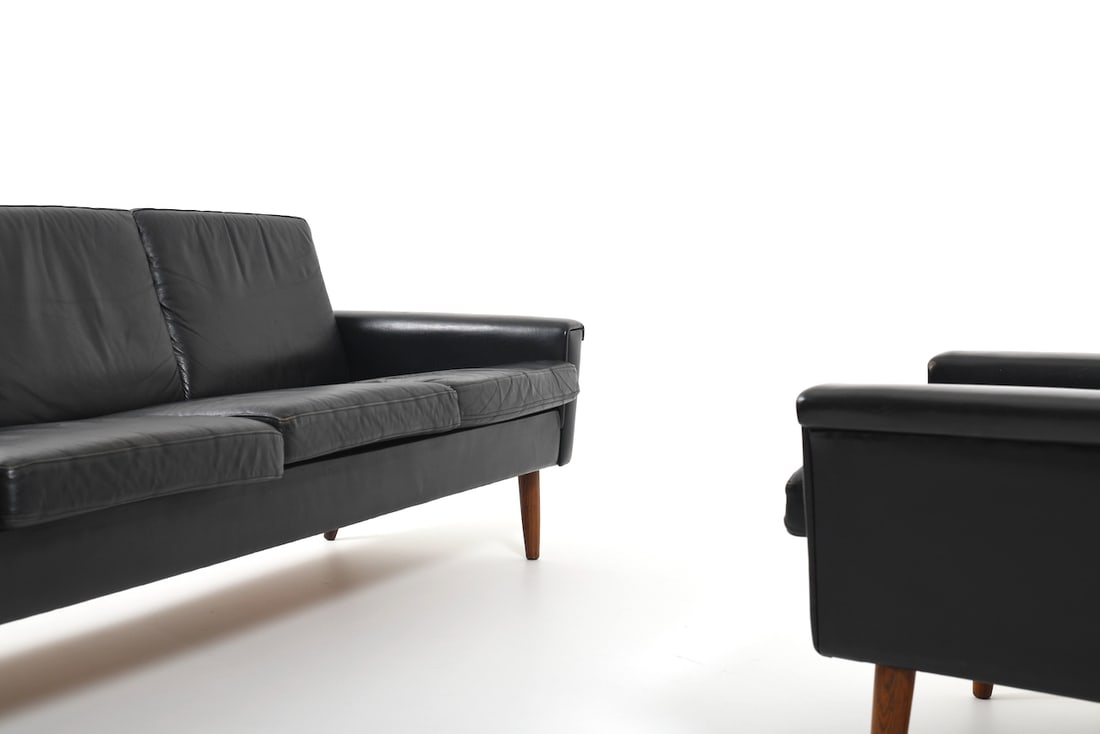 Set of Danish Black Leather Sofa & Lounge Chair - 13